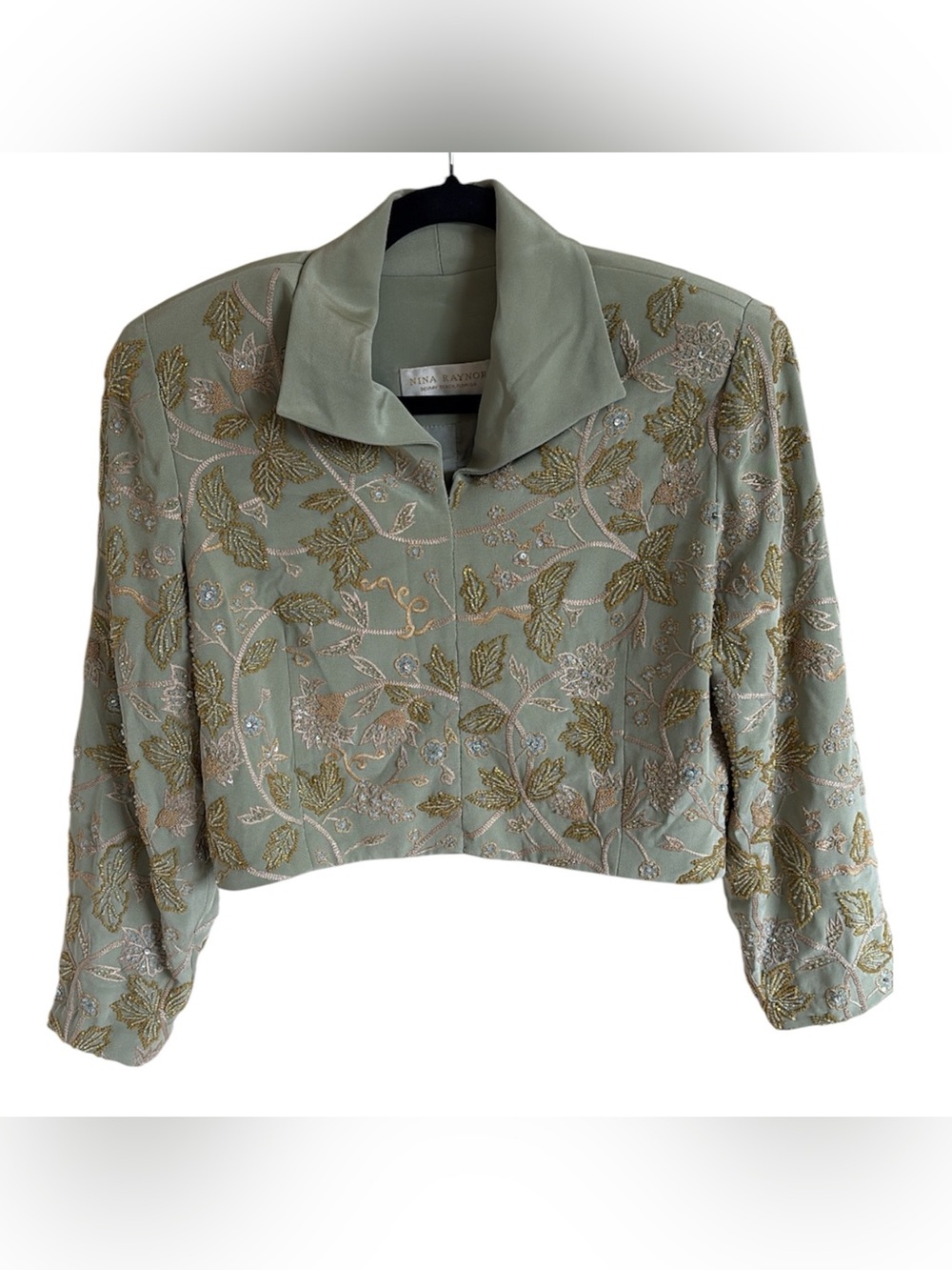 VINTAGE Nina Raynor Cropped Evening Jacket Sage Green Beaded Embroidered Silk